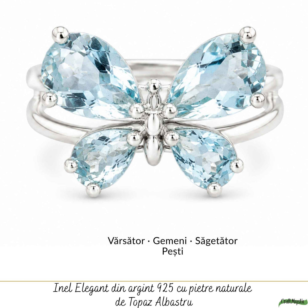 Inel Argint 925 ajustabil cu Piatra Naturala de Topaz Albastru Fluture – Claritate si Incredere