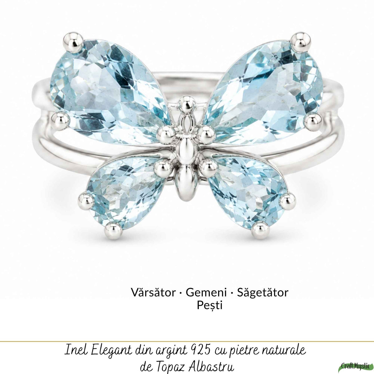 Inel Argint 925 ajustabil cu Piatra Naturala de Topaz Albastru Fluture – Claritate si Incredere