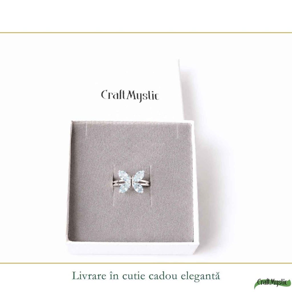 Inel Argint 925 ajustabil cu Piatra Naturala de Topaz Albastru Fluture – Claritate si Incredere