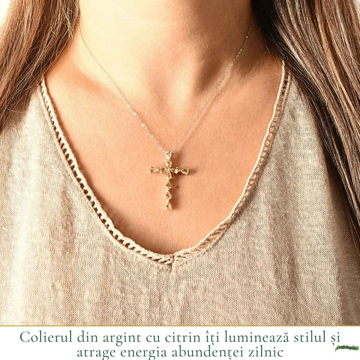 Colier Argint 925 cu Citrin Natural Fatetat in Forma de Cruce – Bucurie si Abundenta