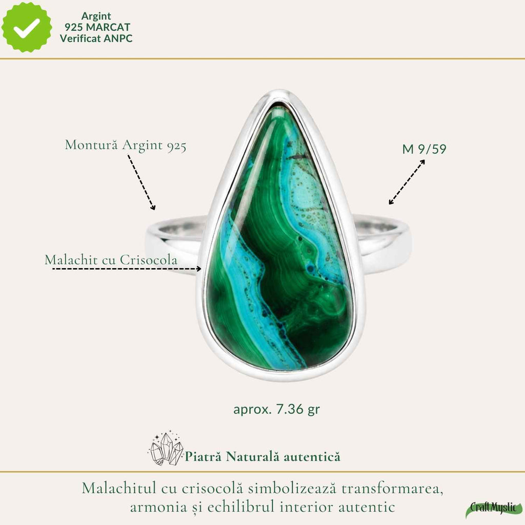 Inel Argint 925 cu Malachit si Crisocola Naturala Lacrima – Echilibru si Transformare