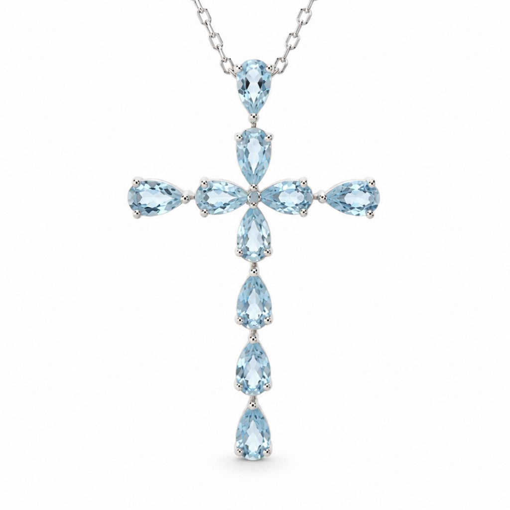 Colier Argint 925 cu Topaz Albastru Natural Fatetat in Forma de Cruce – Claritate si Incredere