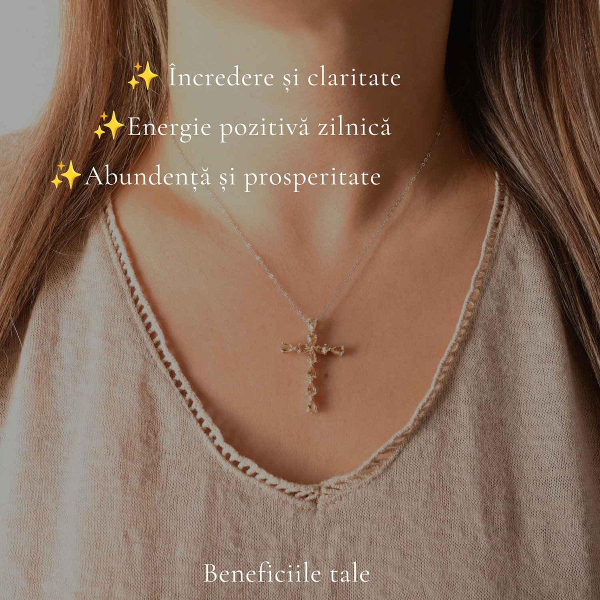 Colier Argint 925 cu Citrin Natural Fatetat in Forma de Cruce – Bucurie si Abundenta