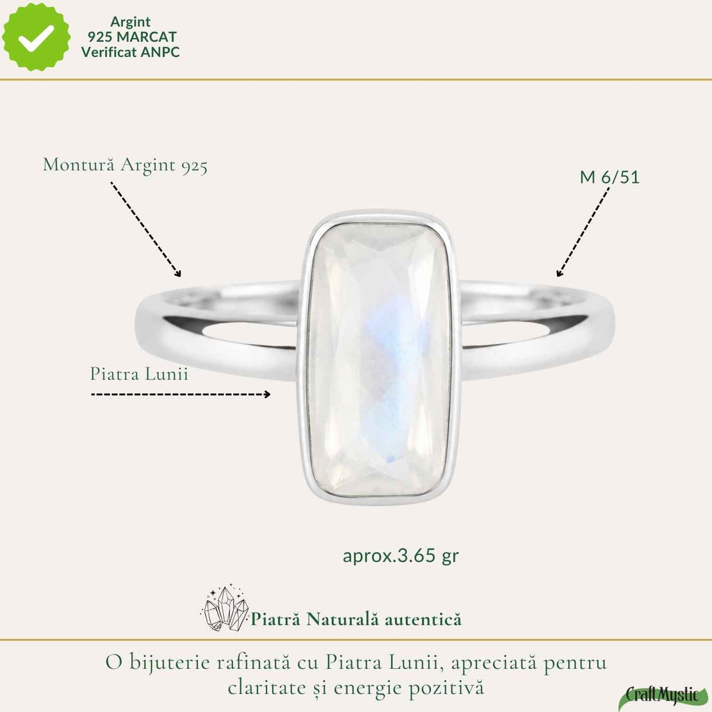 Inel Argint 925 cu Piatra Lunii Naturala Fatetata Dreptunghi – Intuitie si Echilibru