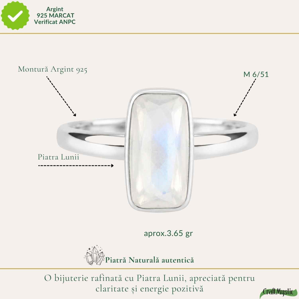 Inel Argint 925 cu Piatra Lunii Naturala Fatetata Dreptunghi – Intuitie si Echilibru