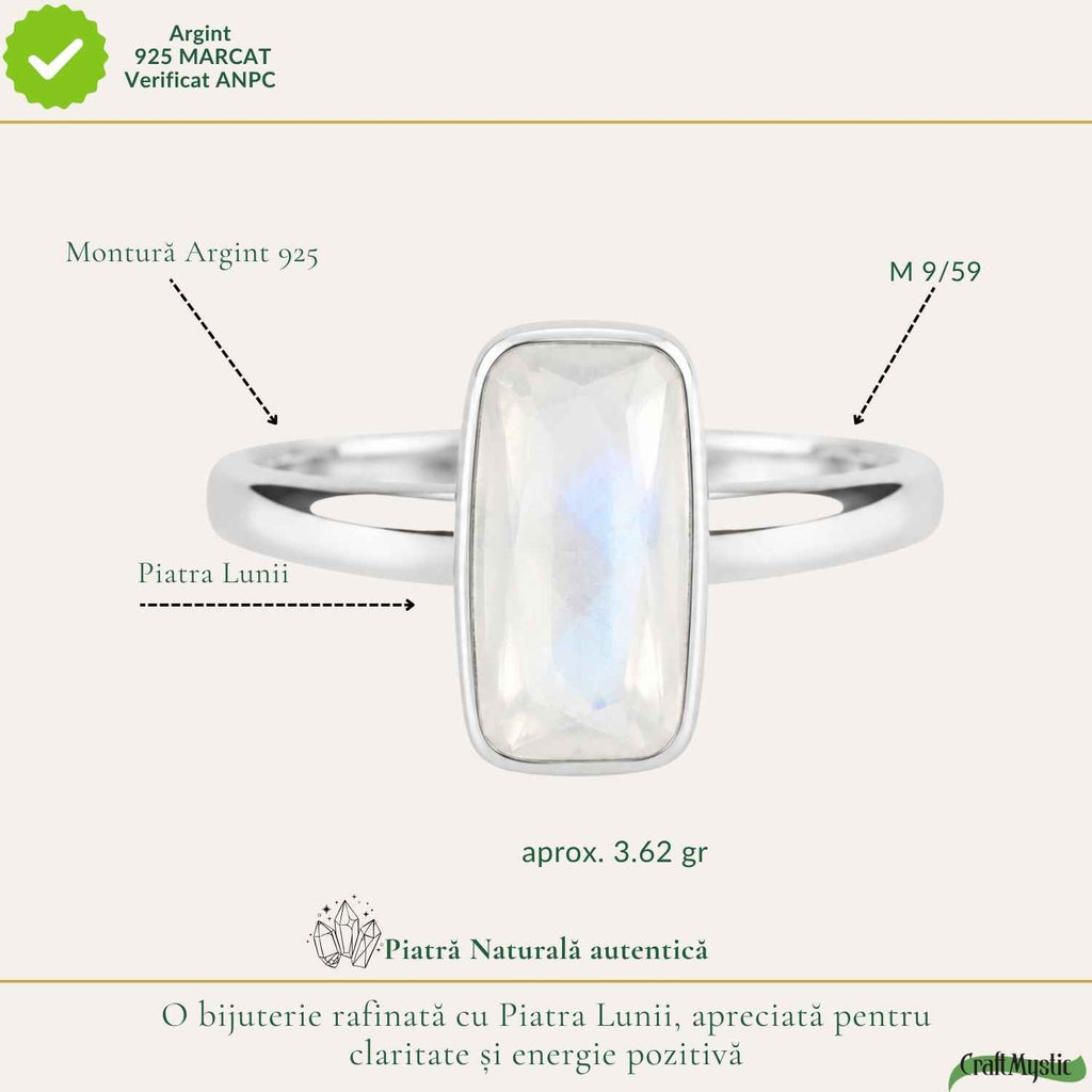Inel Argint 925 cu Piatra Lunii Naturala Fatetata Dreptunghi – Intuitie si Echilibru