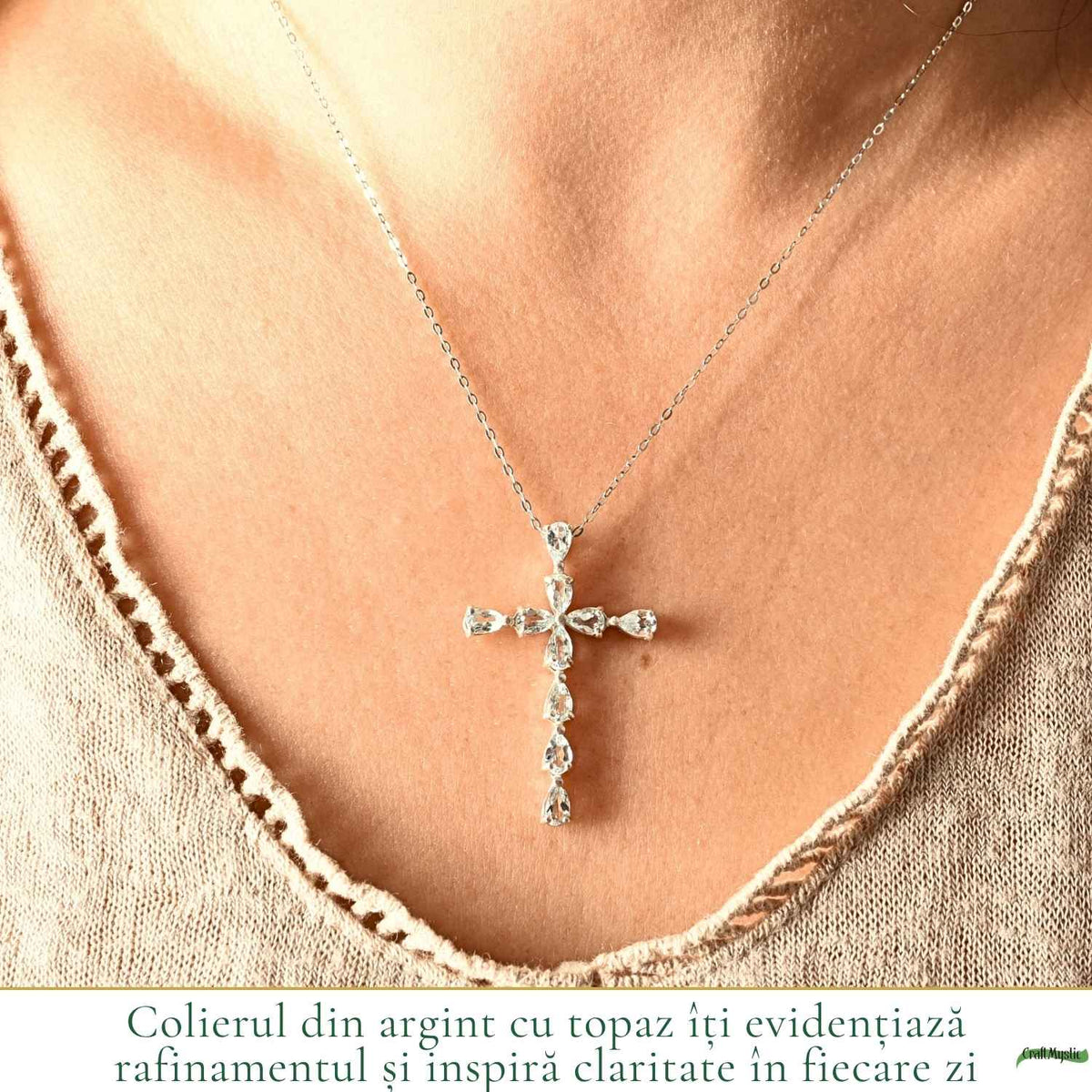 Colier Argint 925 cu Topaz Albastru Natural Fatetat in Forma de Cruce – Claritate si Incredere