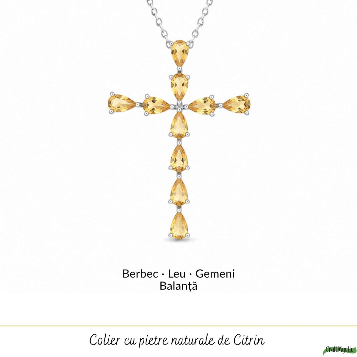 Colier Argint 925 cu Citrin Natural Fatetat in Forma de Cruce – Bucurie si Abundenta