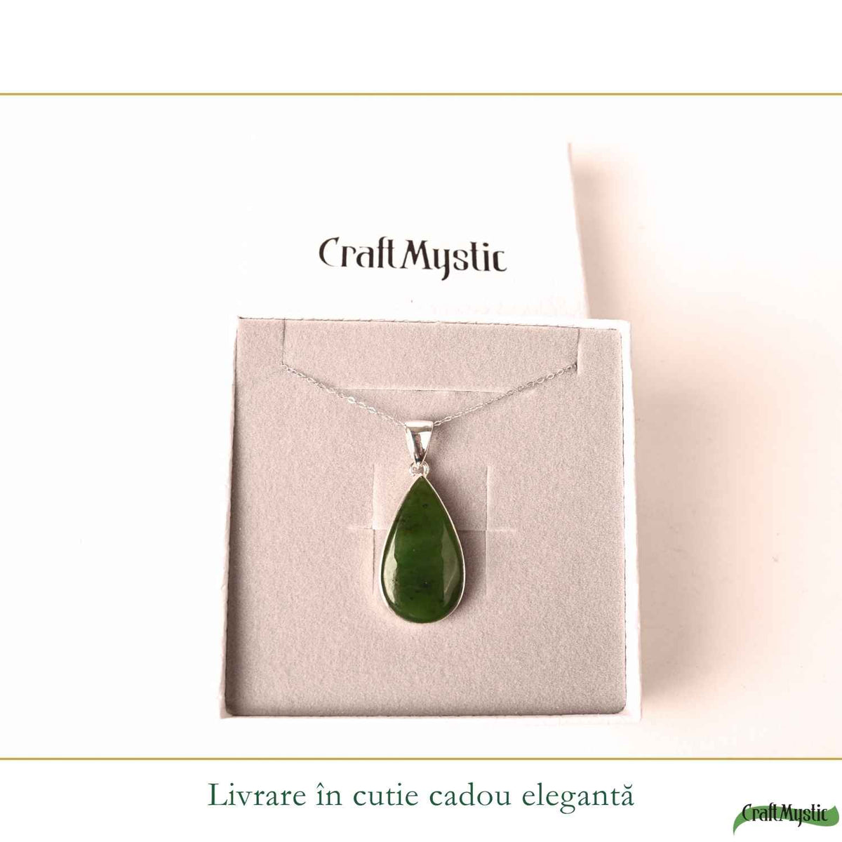 Colier Argint 925 cu Jad Nefrit Natural Lacrima – Simbol al Armoniei si Prosperitatii