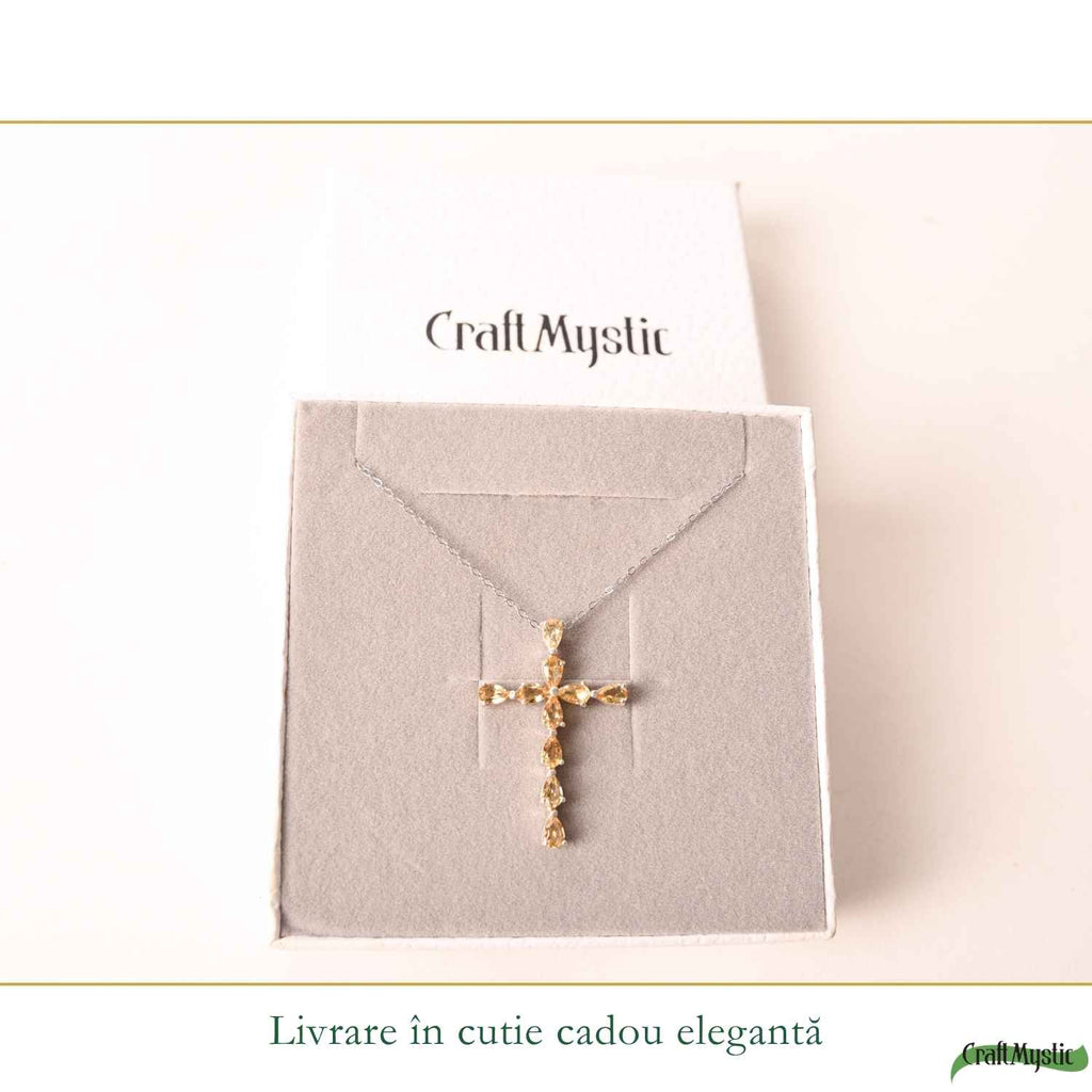 Colier Argint 925 cu Citrin Natural Fatetat in Forma de Cruce – Bucurie si Abundenta