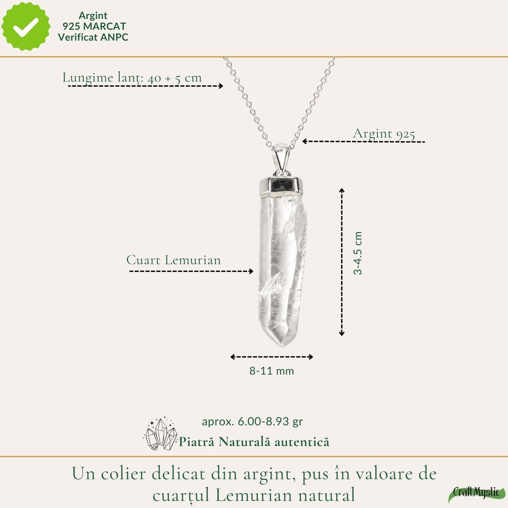 Colier Cuarț Lemurian Natural Argint 925 Brut - Claritate