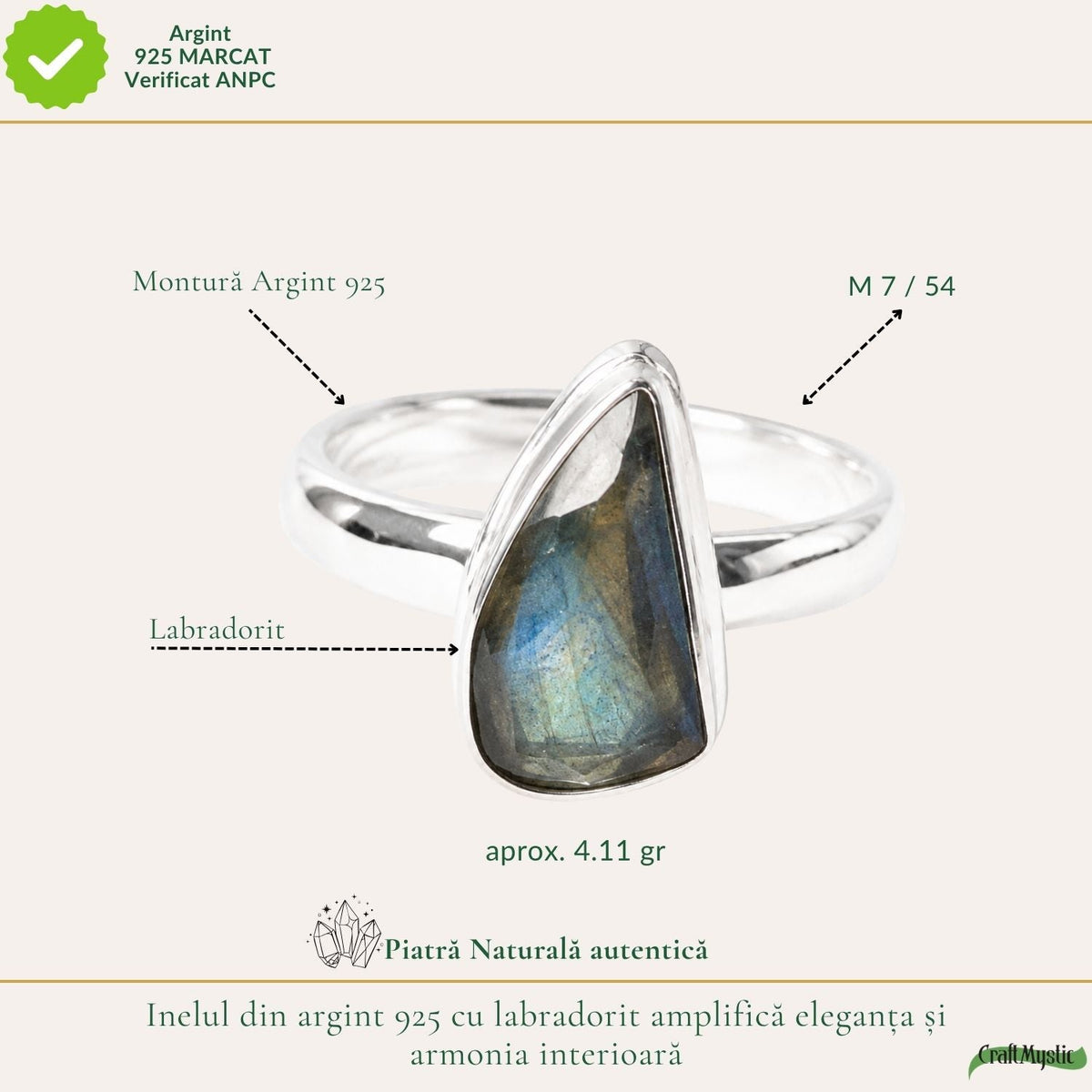 Inel Argint 925 cu Labradorit Fatetat Lacrima – Intuitie si Protectie