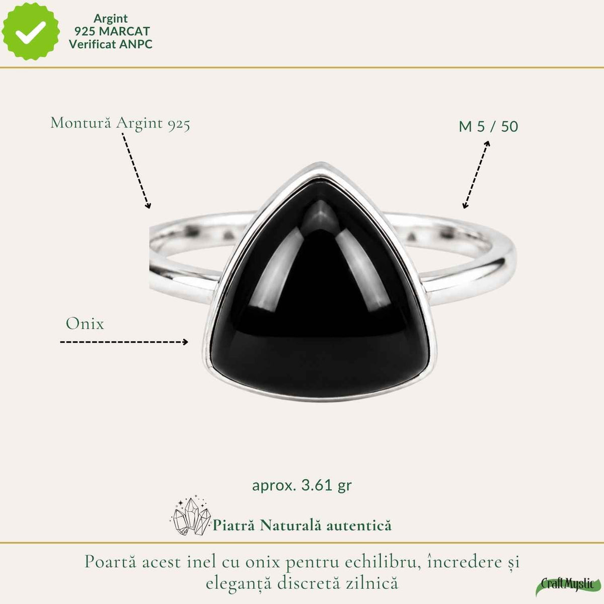 Inel Argint 925 cu Onix Natural Triunghi – Protectie si Forta Interioara