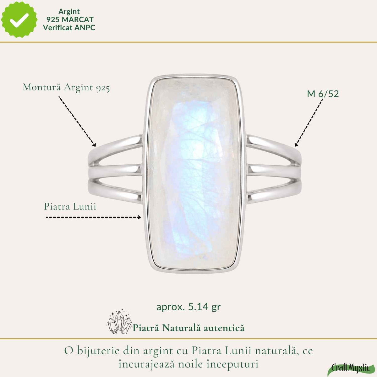 Inel Argint 925 cu Piatra Lunii Naturala Dreptunghi – Intuitie si Armonie