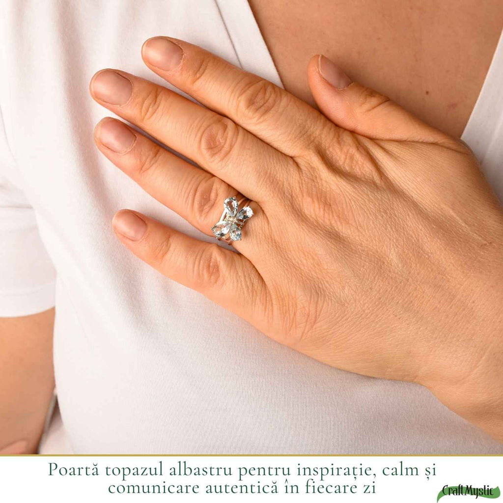Inel Argint 925 ajustabil cu Piatra Naturala de Topaz Albastru Fluture – Claritate si Incredere