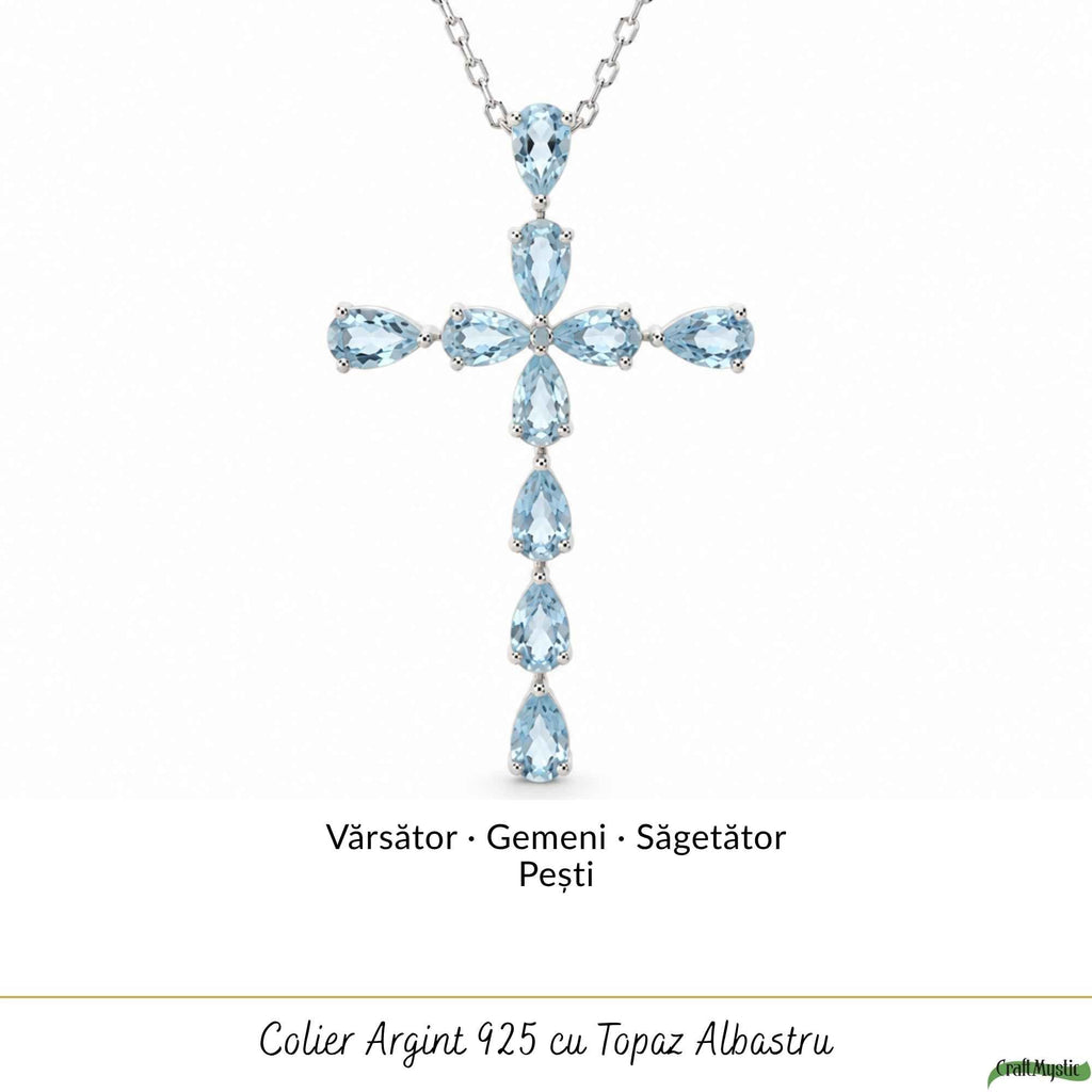 Colier Argint 925 cu Topaz Albastru Natural Fatetat in Forma de Cruce – Claritate si Incredere