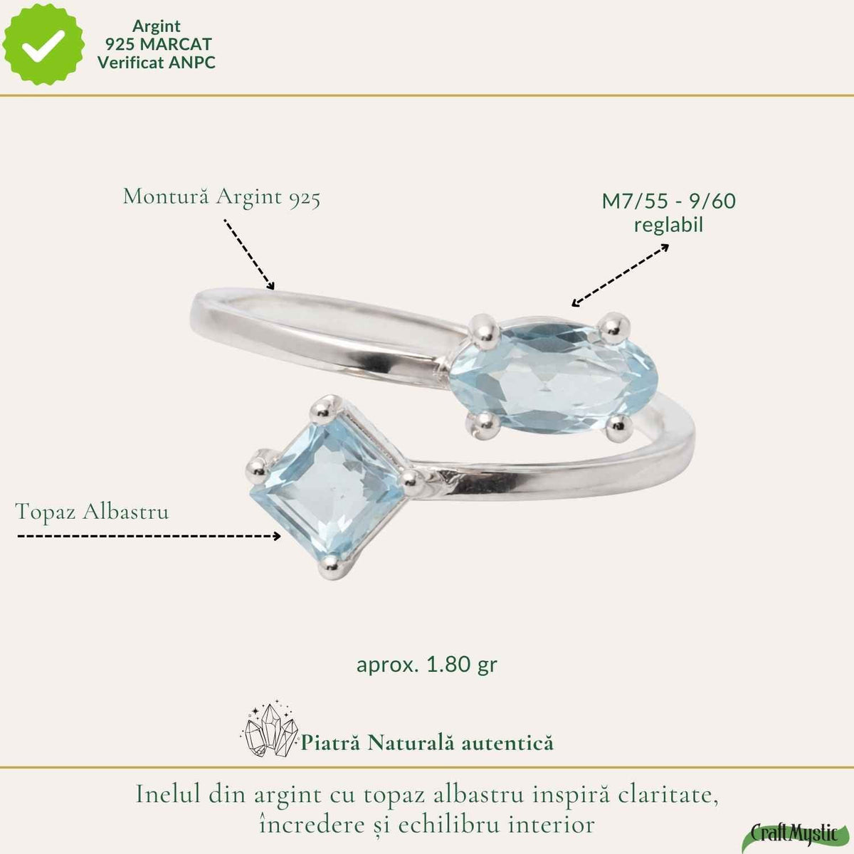 Inel Argint 925 ajustabil cu Piatra Naturala de Topaz Albastru – Claritate si Incredere