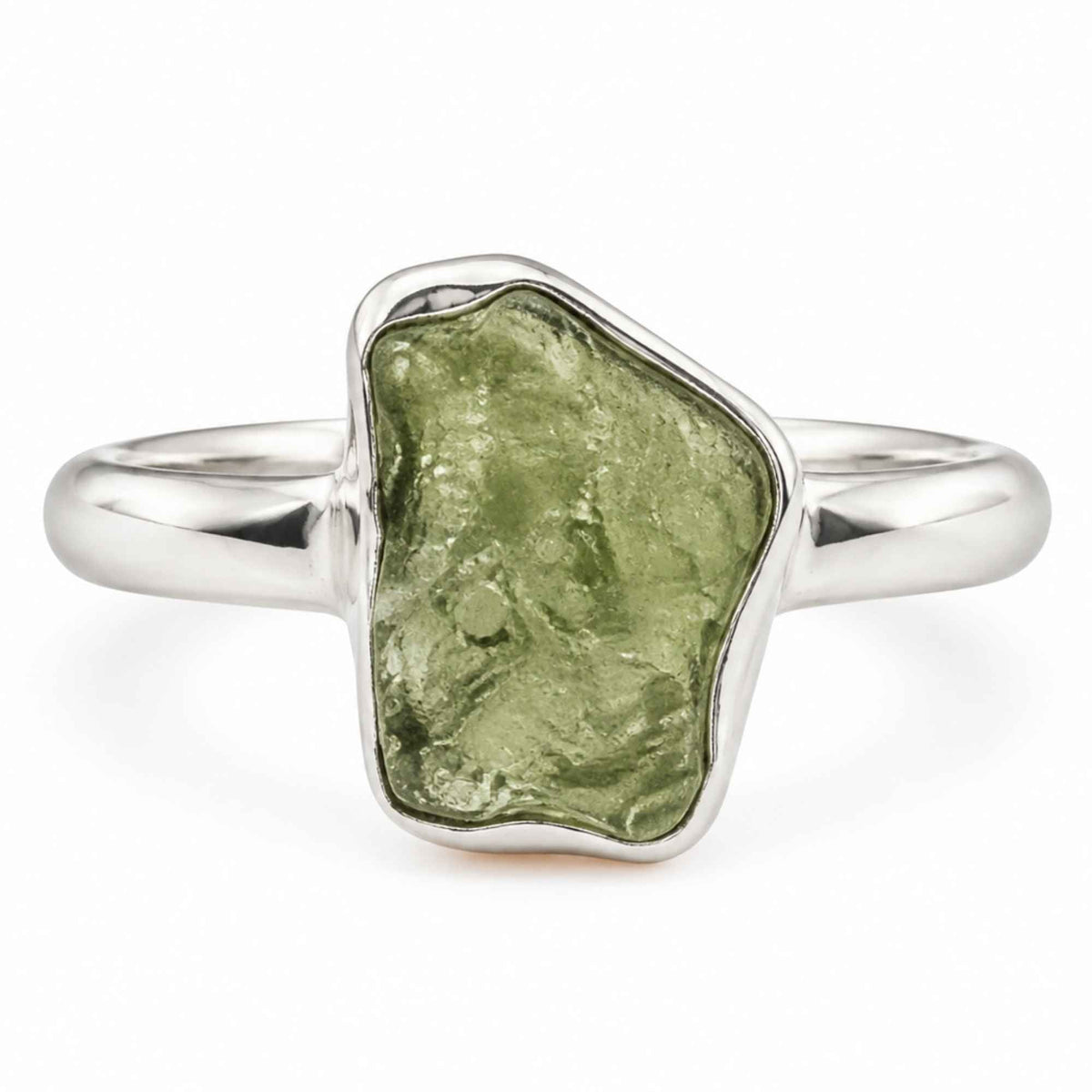 Inel din argint 925 cu Moldavit natural, piatră verde neuniformă
