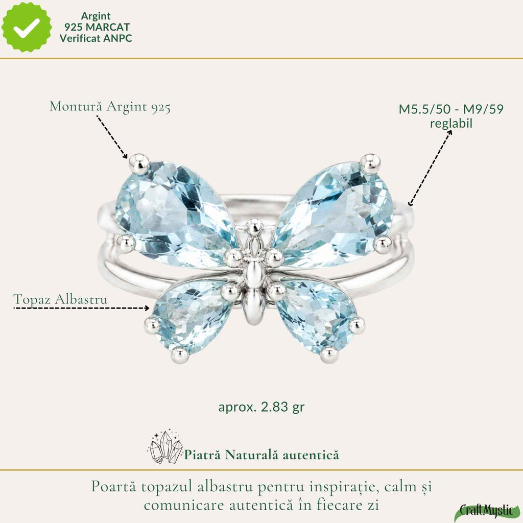 Inel Argint 925 ajustabil cu Piatra Naturala de Topaz Albastru Fluture – Claritate si Incredere