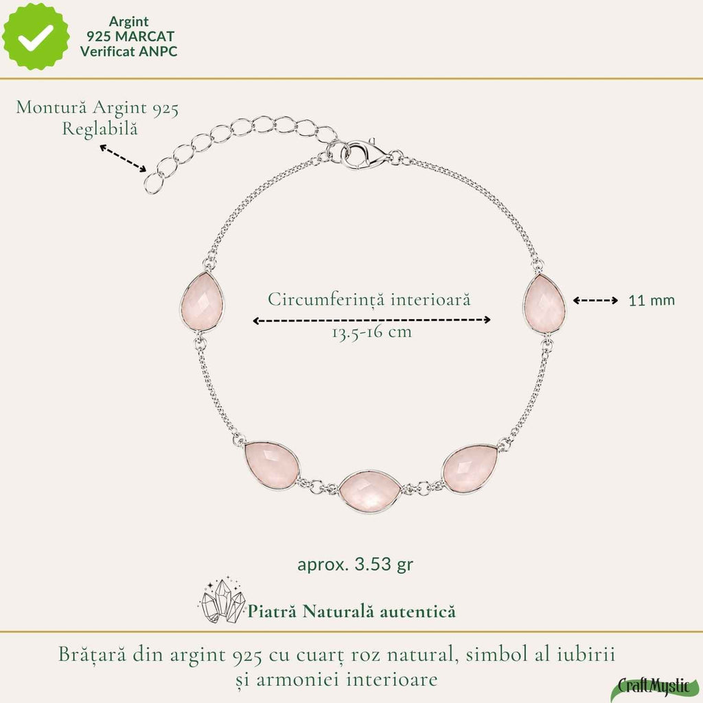 Bratara Argint 925 ajustabilă cu Cuart Roz Fatetat Lacrima – Iubire si Armonie
