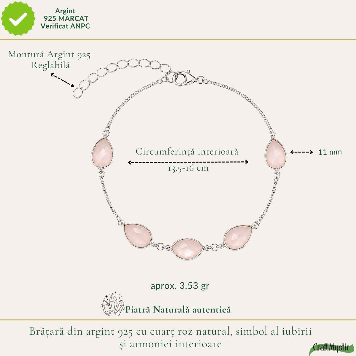 Bratara Argint 925 ajustabilă cu Cuart Roz Fatetat Lacrima – Iubire si Armonie