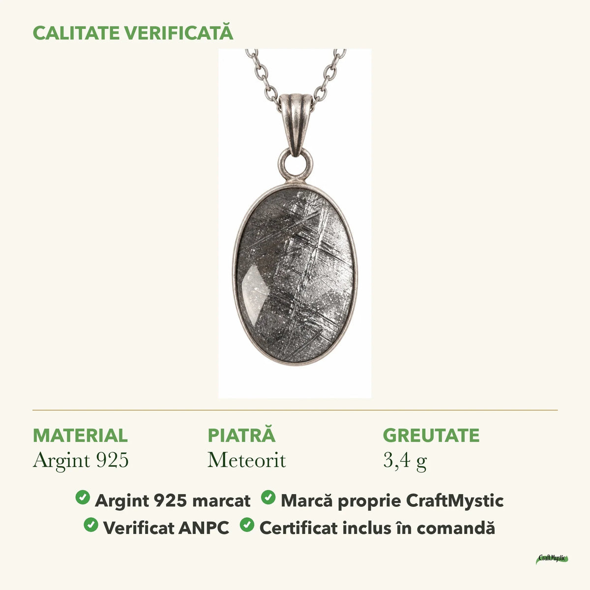 Colier cu Meteorit: material, dimensiunea pietrei, greutate și marcajul 925