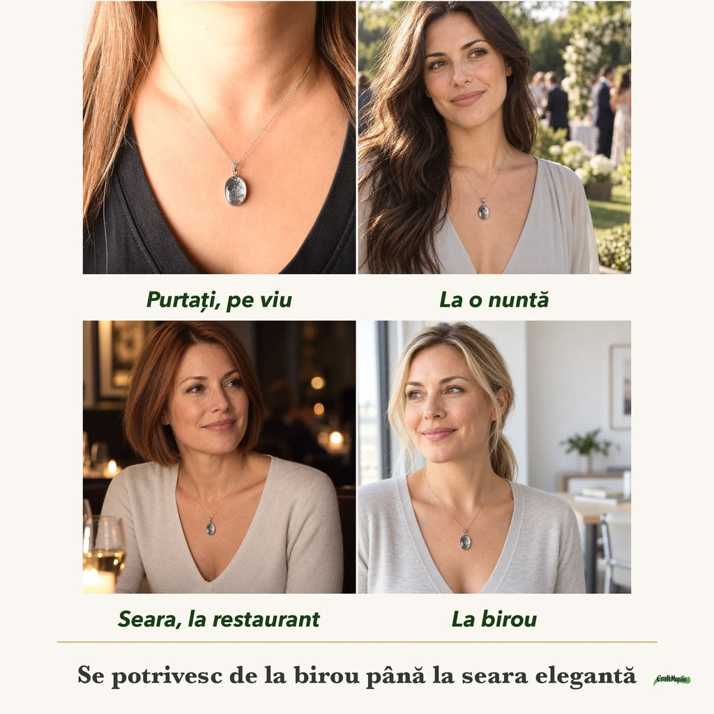 Colier cu Meteorit purtați de patru femei, la nuntă, seara, la birou și la o aniversare