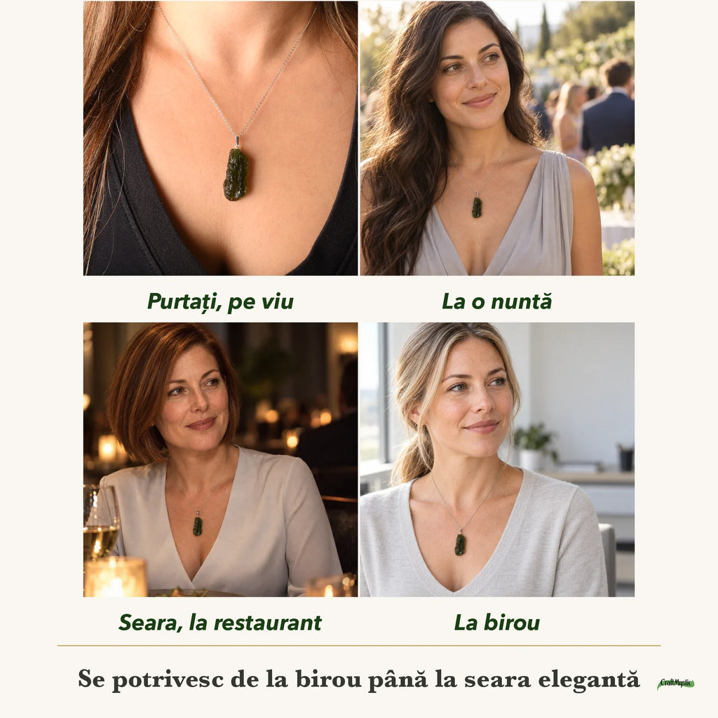 Colier cu Moldavit purtați de patru femei, la nuntă, seara, la birou și la o aniversare