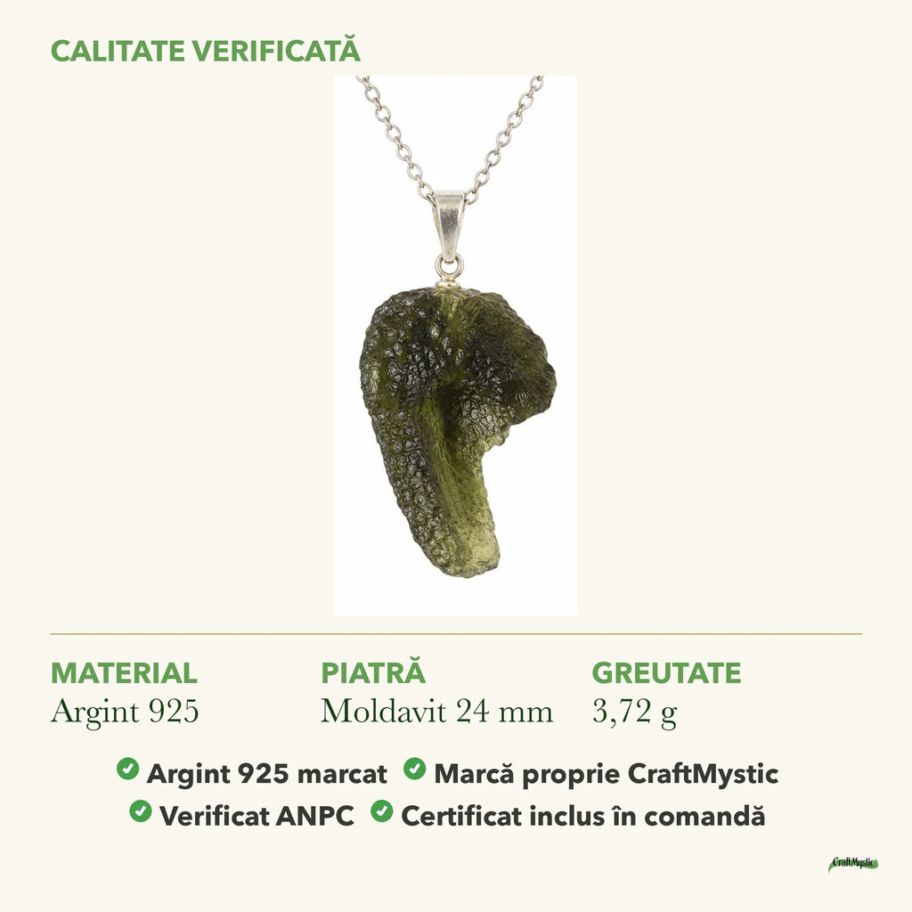 Colier cu Moldavit: material, dimensiunea pietrei, greutate și marcajul 925