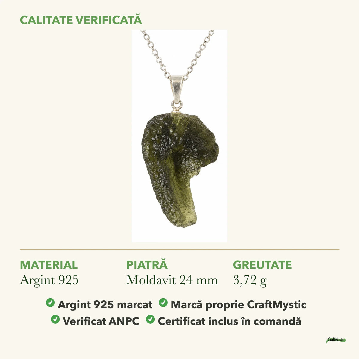Colier cu Moldavit: material, dimensiunea pietrei, greutate și marcajul 925