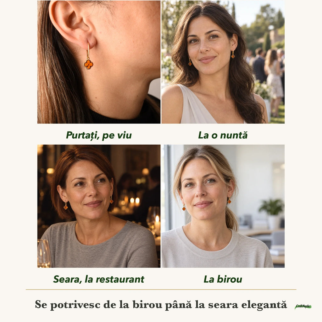 Cercei cu Chihlimbar purtați de patru femei, la nuntă, seara, la birou și la o aniversare