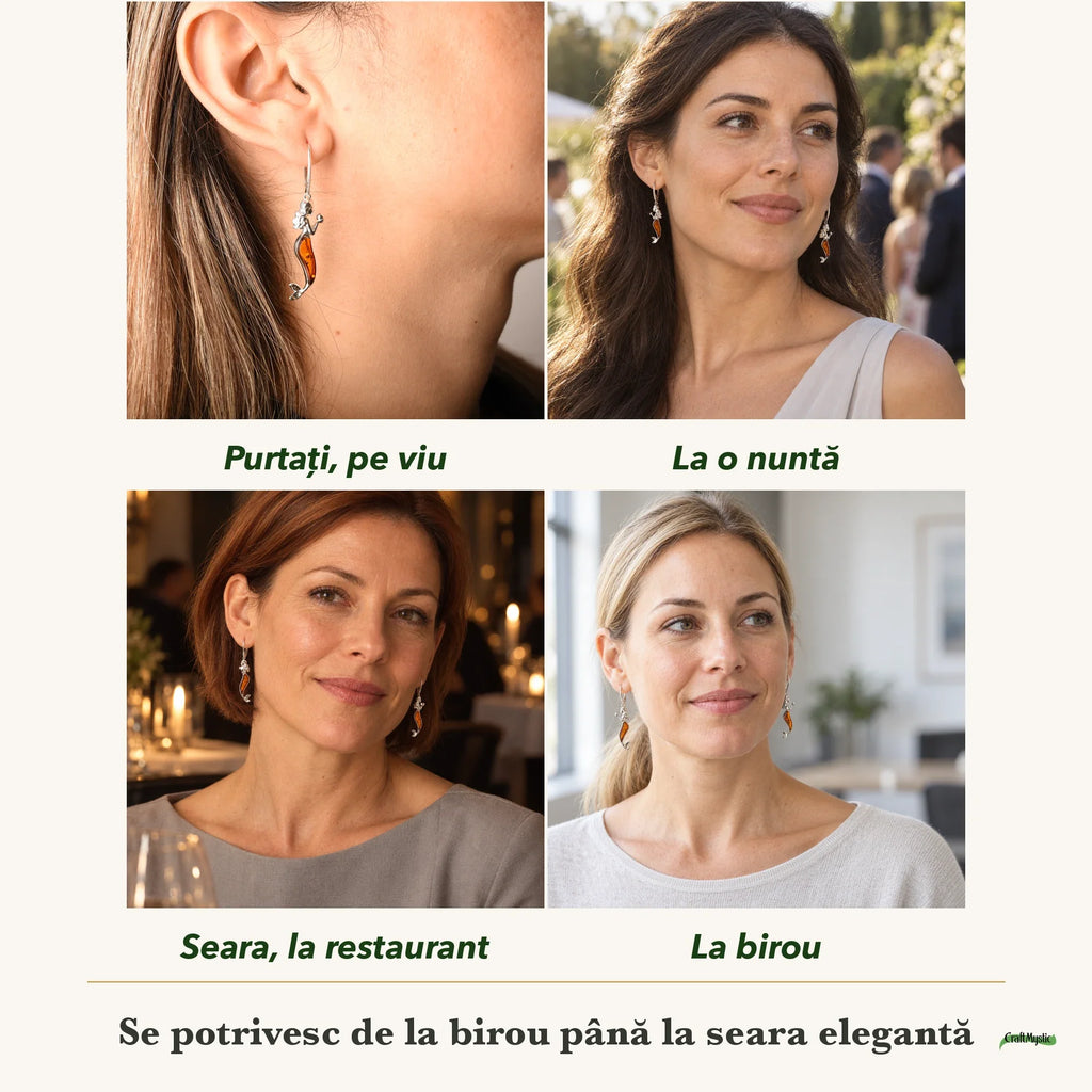 Cercei cu Chihlimbar purtați de patru femei, la nuntă, seara, la birou și la o aniversare