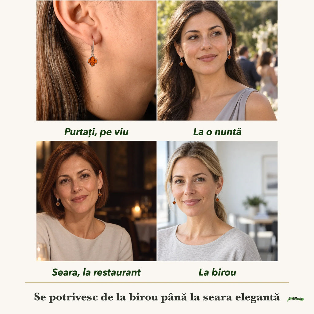 Cercei cu Chihlimbar purtați de patru femei, la nuntă, seara, la birou și la o aniversare