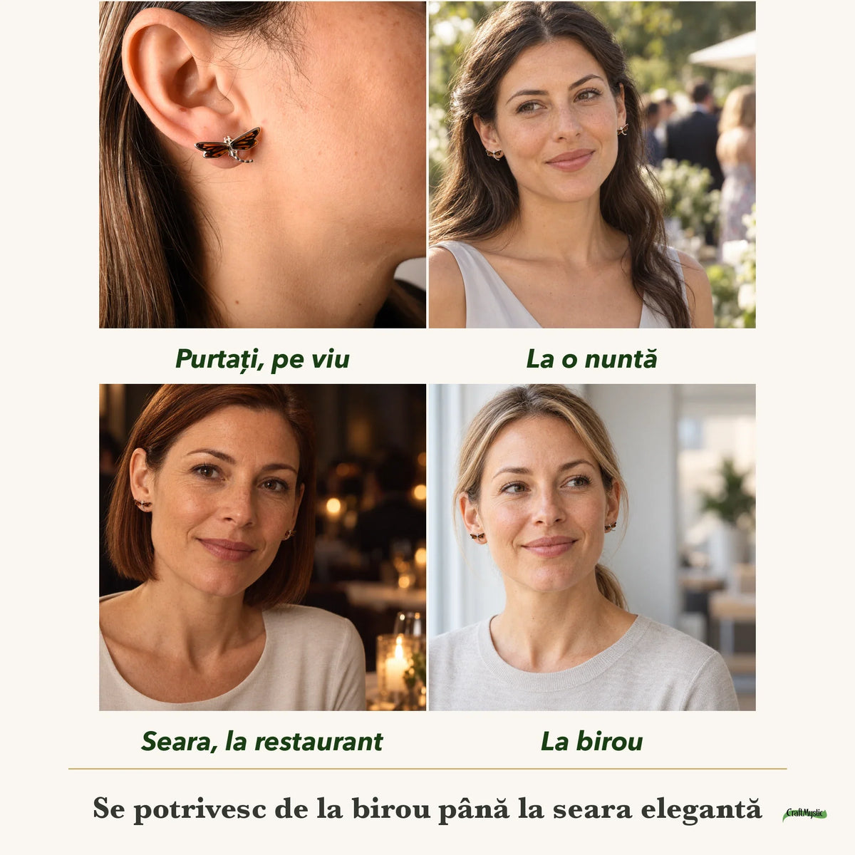 Cercei cu Chihlimbar purtați de patru femei, la nuntă, seara, la birou și la o aniversare
