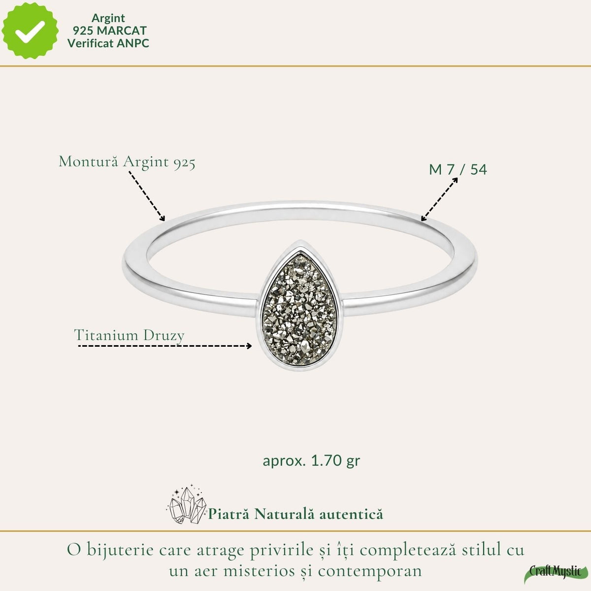 Inel argint 925 cu Titanium Druzy lacrimă – strălucire și energie pozitivă