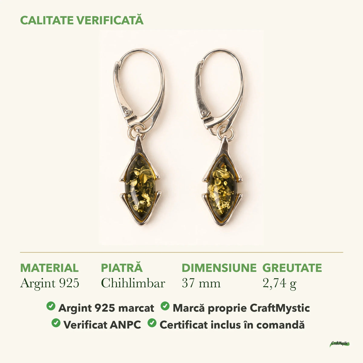 Cercei cu Chihlimbar: material, dimensiunea pietrei, greutate și marcajul 925