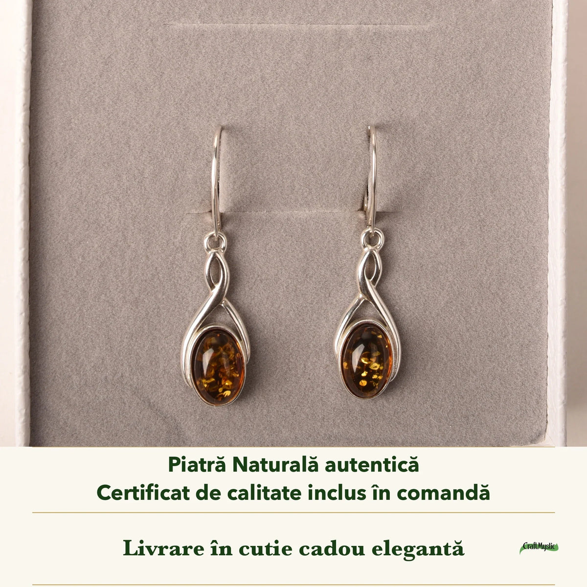 Cercei cu Chihlimbar în cutia cadou CraftMystic, cu certificatul de calitate