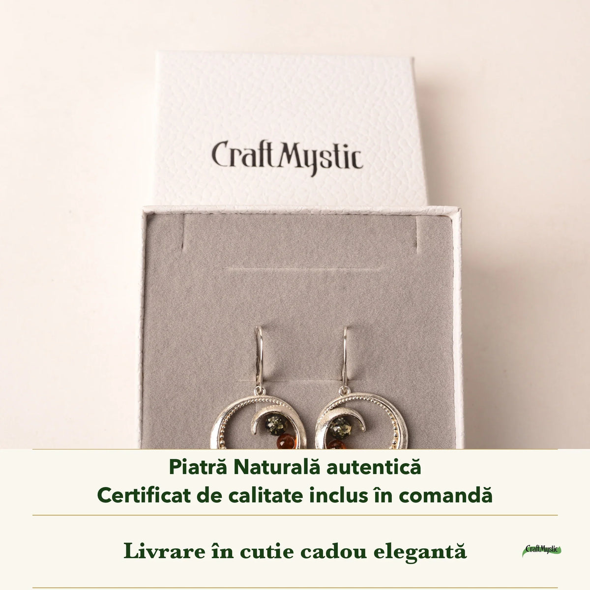 Cercei cu Chihlimbar în cutia cadou CraftMystic, cu certificatul de calitate