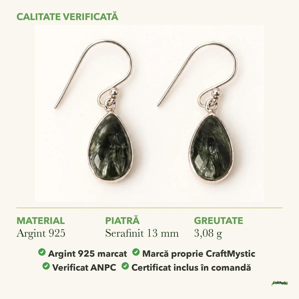Cercei cu Serafinit: material, dimensiunea pietrei, greutate și marcajul 925