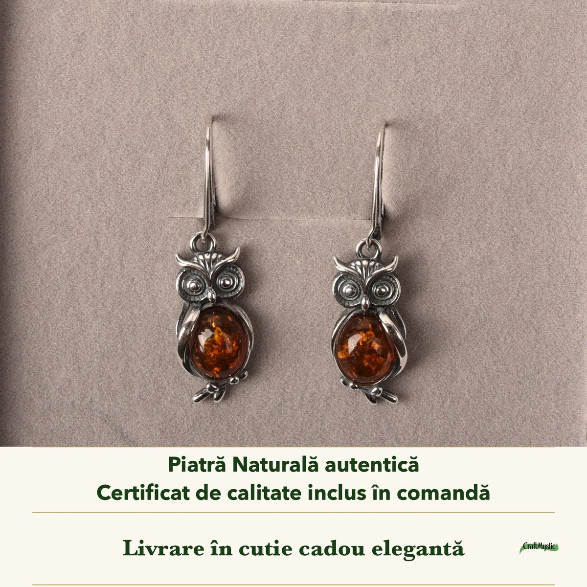 Cercei cu Chihlimbar în cutia cadou CraftMystic, cu certificatul de calitate