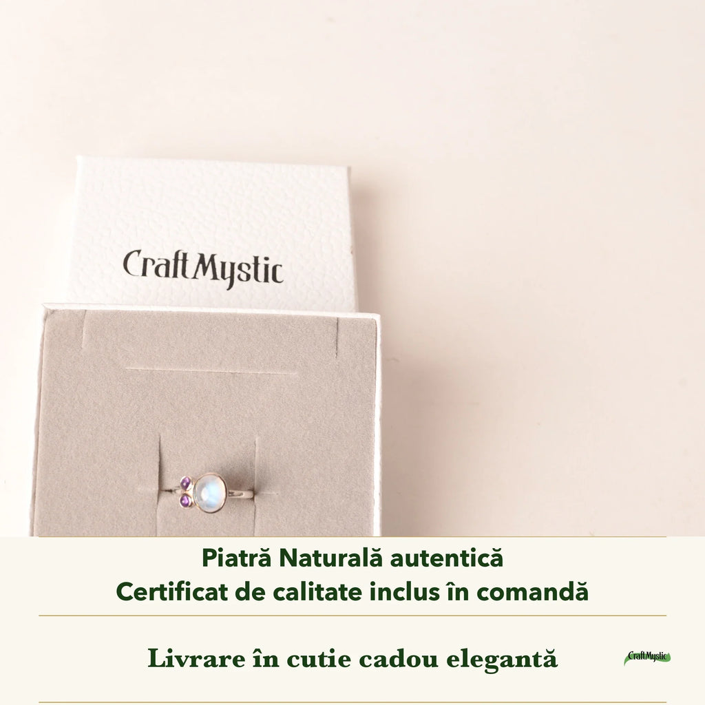 Inel cu Piatra Lunii în cutia cadou CraftMystic, cu certificatul de calitate