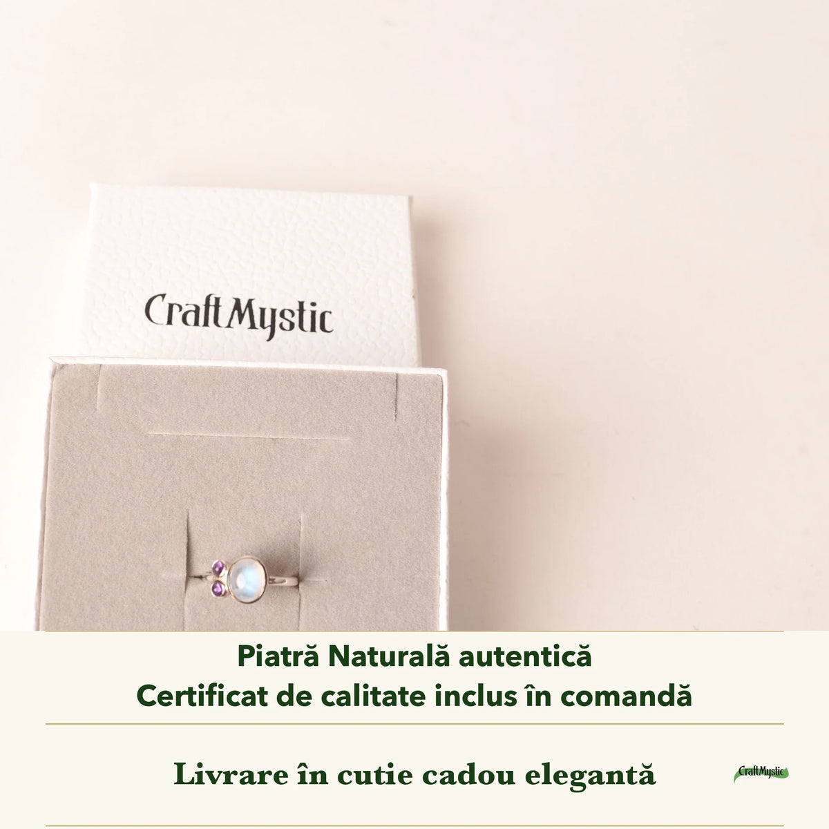 Inel cu Piatra Lunii în cutia cadou CraftMystic, cu certificatul de calitate