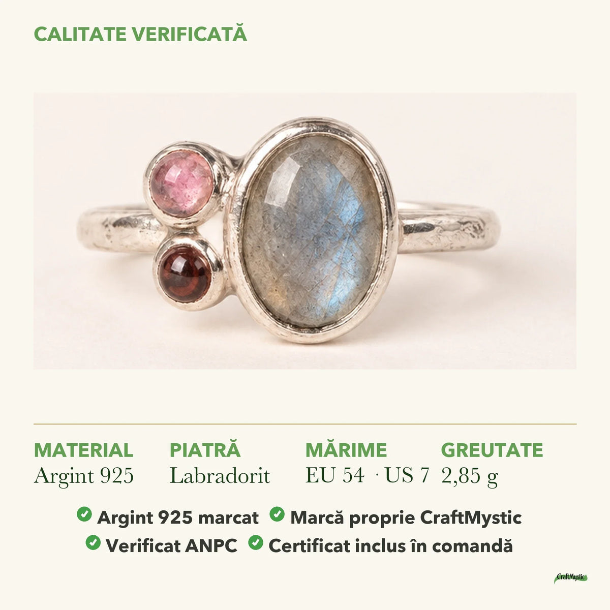 Inel cu Labradorit: material, dimensiunea pietrei, greutate și marcajul 925