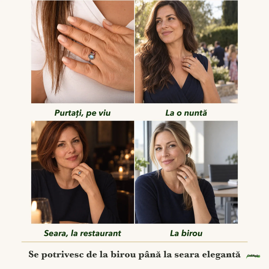Inel cu Labradorit purtați de patru femei, la nuntă, seara, la birou și la o aniversare