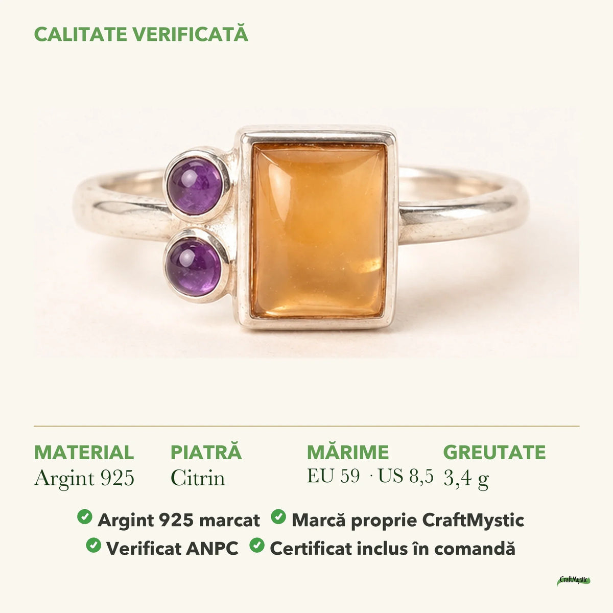 Inel cu Citrin: material, dimensiunea pietrei, greutate și marcajul 925