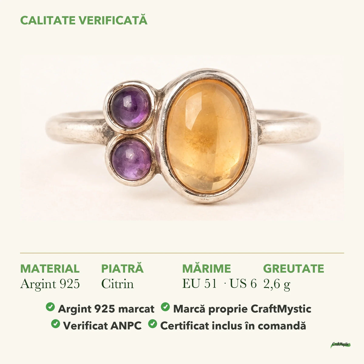 Inel cu Citrin: material, dimensiunea pietrei, greutate și marcajul 925