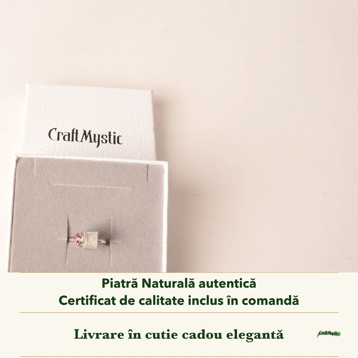 Inel cu Piatra Lunii în cutia cadou CraftMystic, cu certificatul de calitate