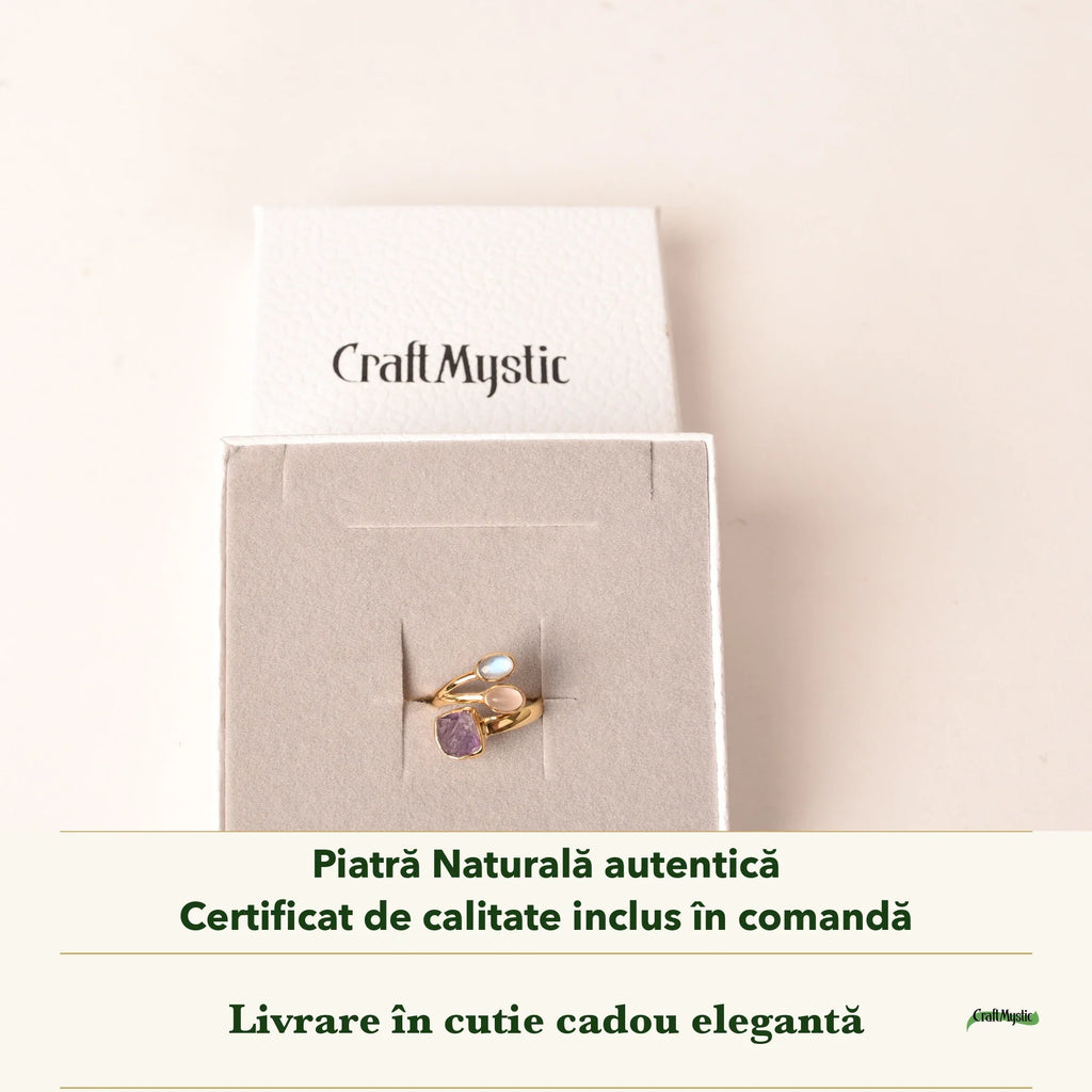 Inel cu Ametist, Cuarț Roz și Piatra Lunii în cutia cadou CraftMystic, cu certificatul de calitate