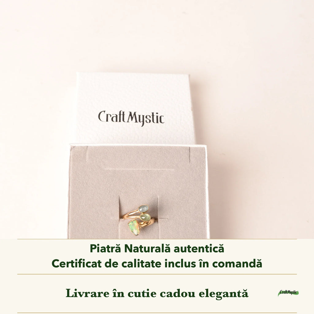 Inel cu Opal Etiopian, Kyanit Verde și Kyanit Aqua în cutia cadou CraftMystic, cu certificatul de calitate