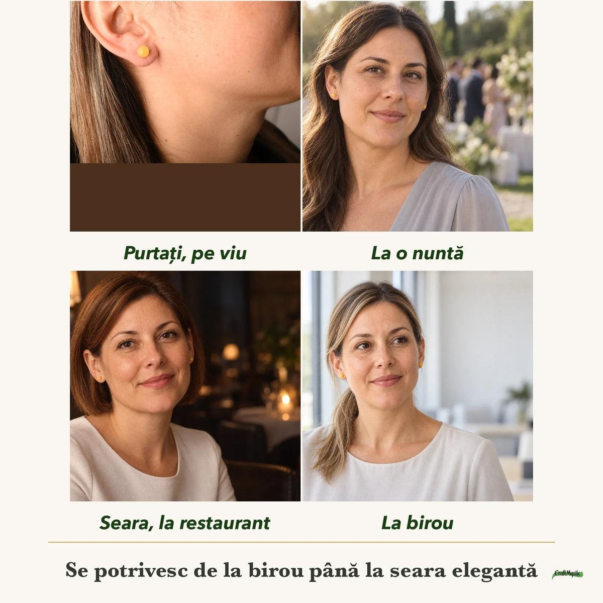 Cercei cu Chihlimbar purtați de patru femei, la nuntă, seara, la birou și la o aniversare